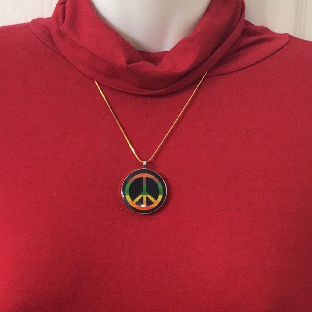 PEACE Symbol Stainless Steel Pendant on Gold Stainless Steel Chain.